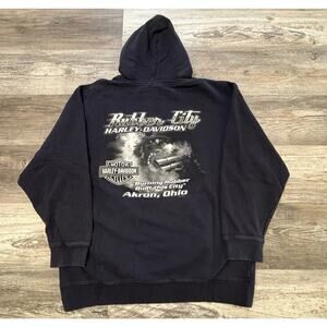 Harley Davidson Green Blue Mens L Milwaukee & Rubber City Akron OH Biker Hoodie